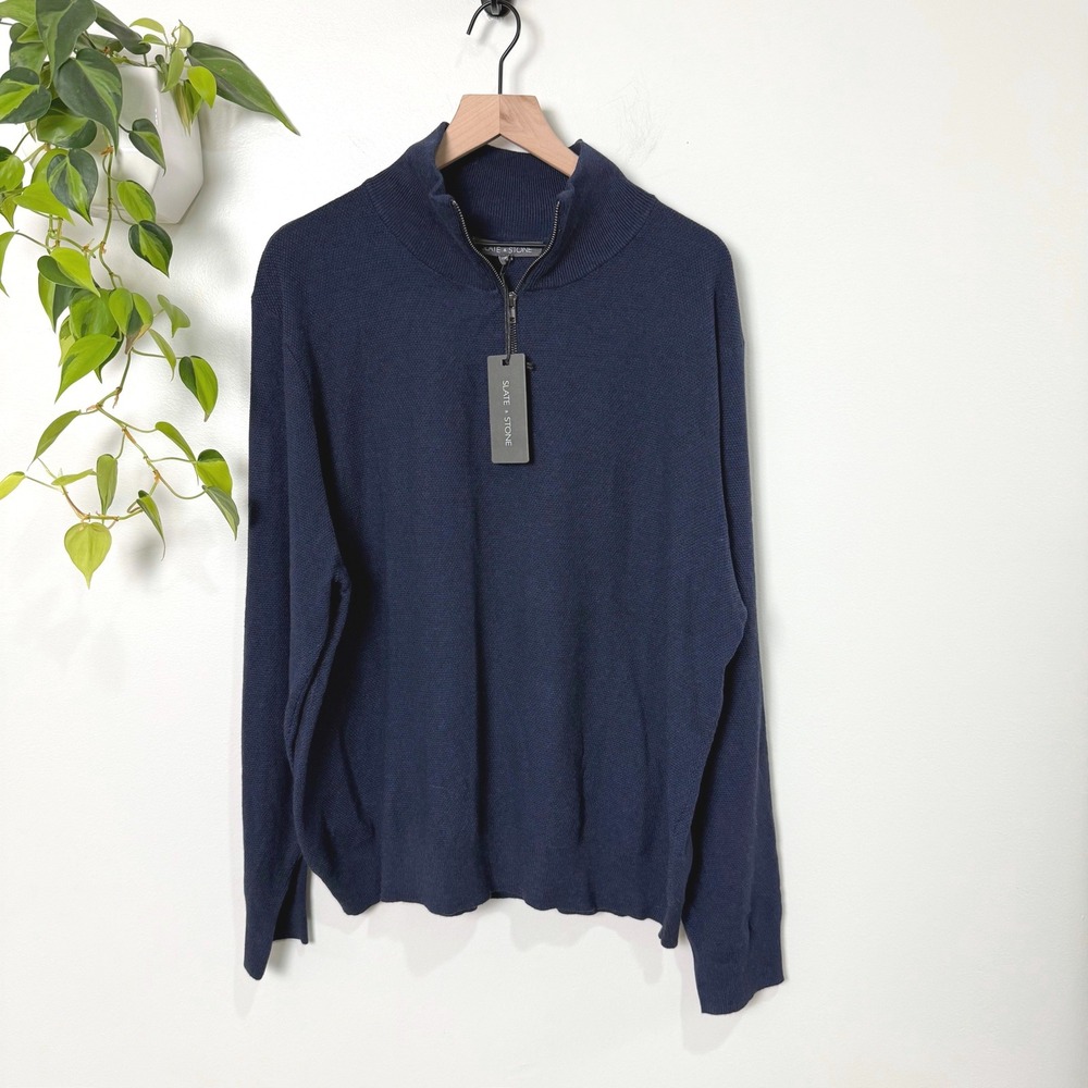 Slate & Stone Mens Navy Textured 1/4 Zip Sweater Wool Blend XL T4SWT3324ST New